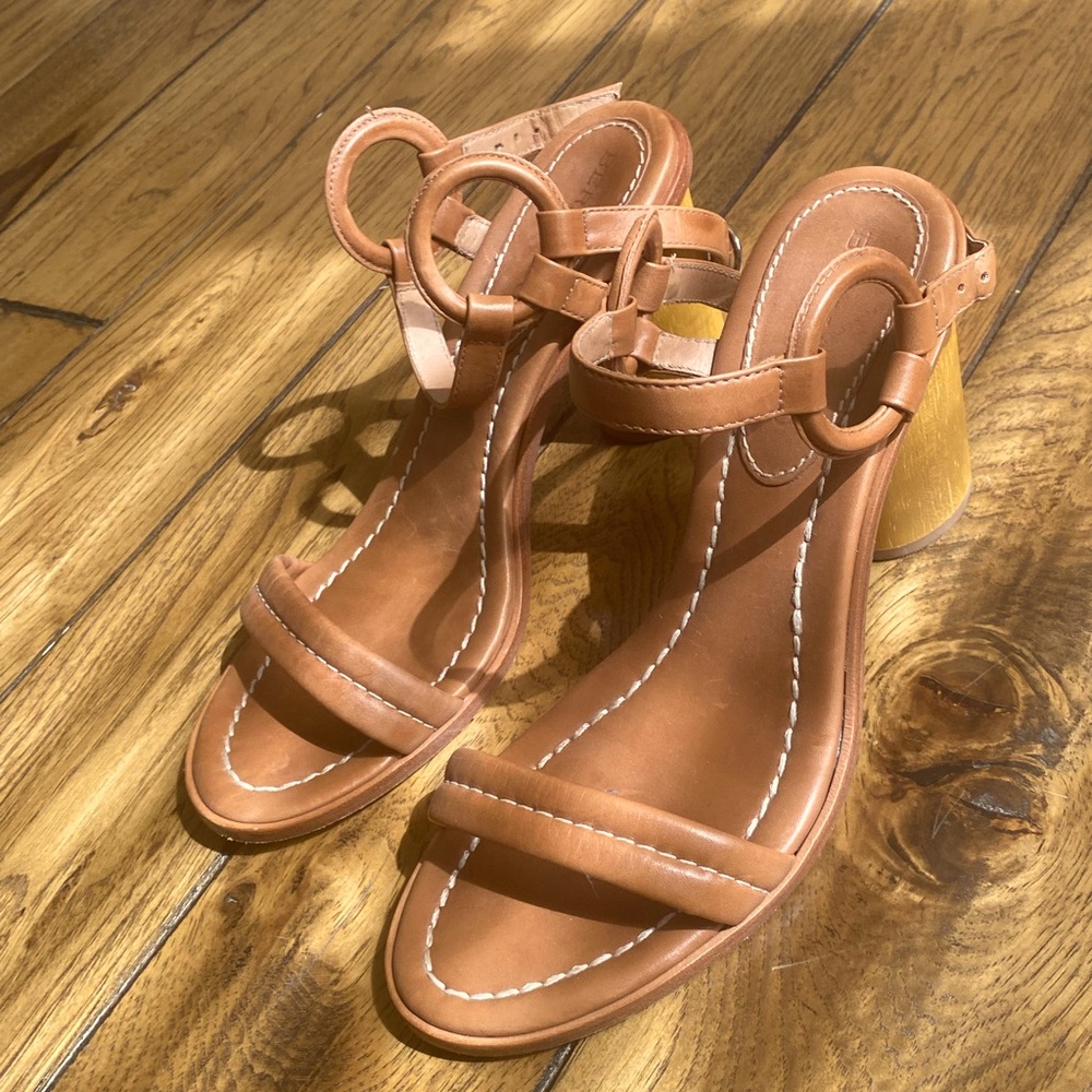 Bernardo Leather and Wood Brown Heel Sandal
